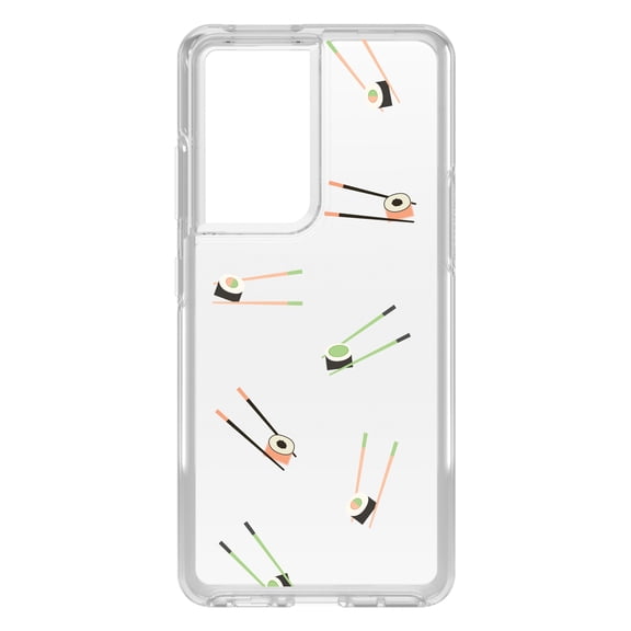 DistinctInk Clear Shockproof Hybrid Case for Galaxy S21 ULTRA 5G (6.8" Screen) - TPU Bumper, Acrylic Back, Tempered Glass Screen Protector - Sushi with Chopsticks - Pastels