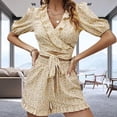 thumbnail image 3 of Conjunto de 2 piezas para mujer, cuello en V, manga corta abombada, cintura con lazo, pantalones cortos para el hogar al aire libre, amarillo pálido XL, 3 of 7