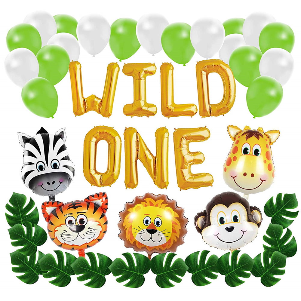 Wild One Kids 1st Birthday HighChair Banner Wild One Birthday Decorations Safari Zoo Animals Happy Birthday Banner with 12 PCS Artificial Palm Leaves for Baby Girl Boy 1st Birthday Jungle Safari Party Decorations Supplies 