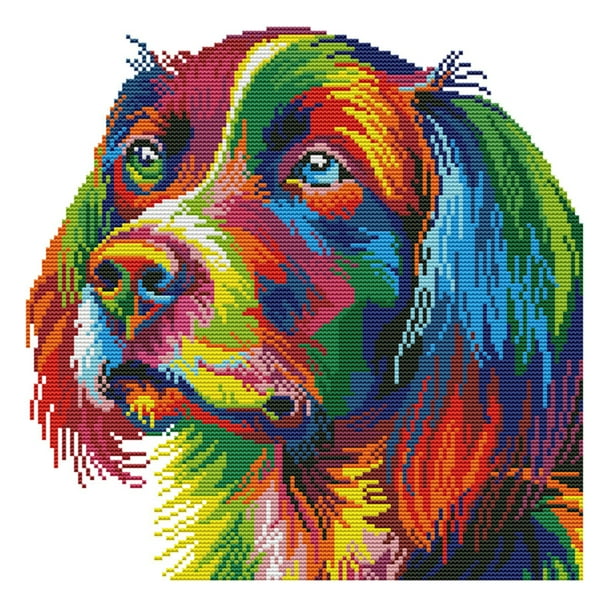 (DA124) Hilo Algodón Ecológico 14CT Impresión 2 Hebras 34 × 34 CM Perro Arcoíris (impresión) Serie en Punto Cruz Kit Bordado Diy Tela Hecha A Mano (instrucciones en Inglés)