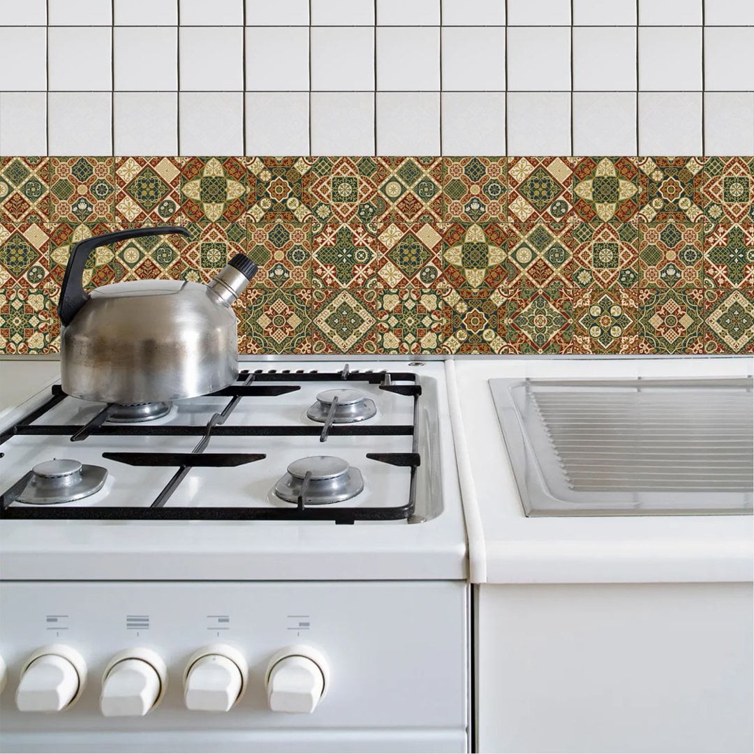 24 Sheets Peel and Stick Tile Sticker Backsplash 7.87" x 7.87" Green Red Flowers Pattern Wall Stickers Self Adhesive Waterproof Decals