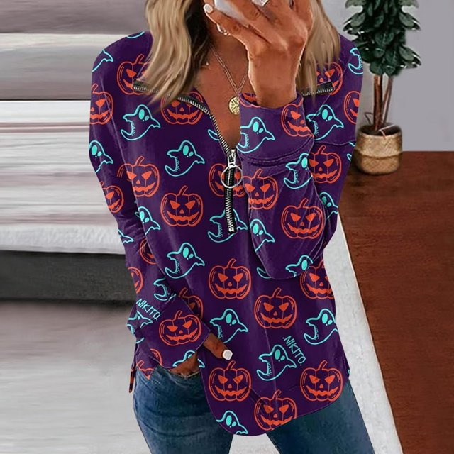 Femmes Causal Zip Pull Col Manches Longues Sweatshirts Halloween Print Activewear Veste de Course Vin XL