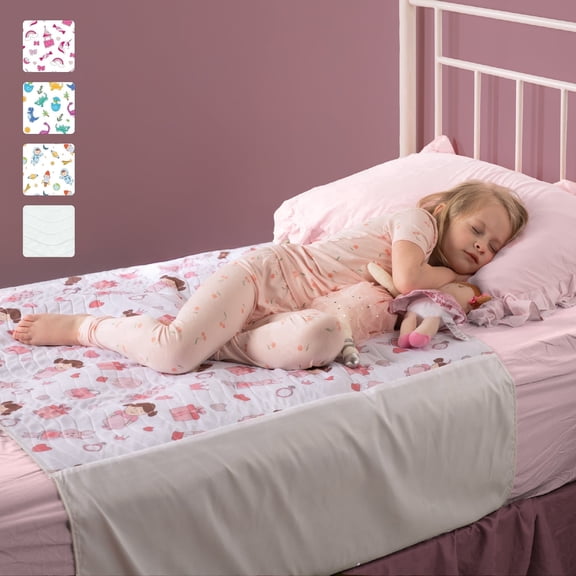 Improvia Washable Toddler Bed Pad for Potty Training, Waterproof Reusable with Tuck Sides, 34 x 36 in, 2 Pack (Doll Design)