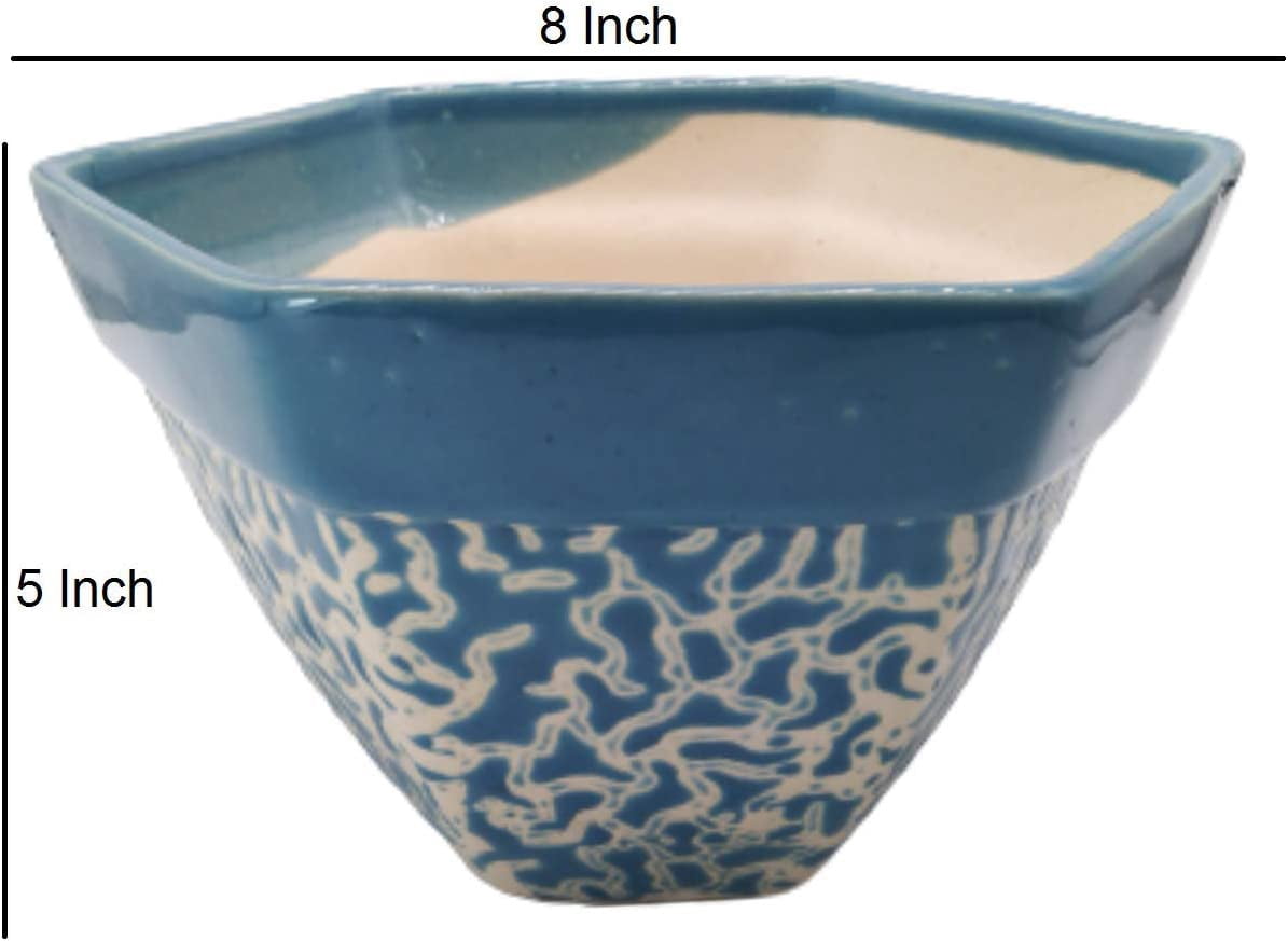India Meets India Ceramic Flower Pot Planter Indoor Outdoor Planter Handicraft by Awarded Indian Artisan (Blue, H-5 x D-8 Inch)