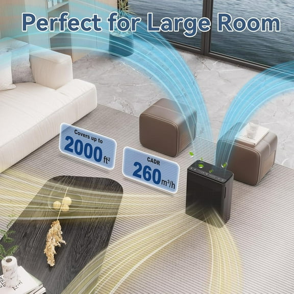 P260 Purifier for Large Room to 2000 Sq Ft with H13 HEPA Filter, Washable Pre-Filter, Quiet Bedroom Cleaner for Pet Hair Odor, Black