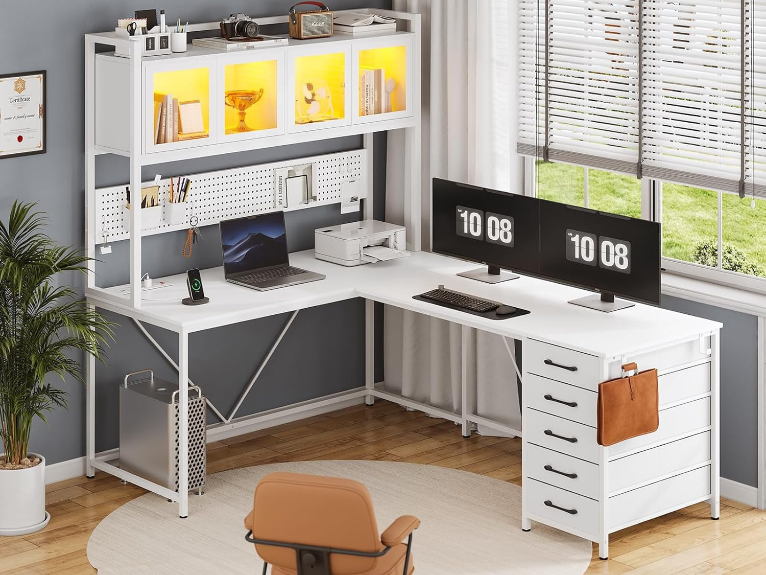 L-Shaped Computer Desk with LED Strips&Display Cabinet Reversible Gaming Desk with Power Outlets/5 Drawers/Pegboard for Office, White