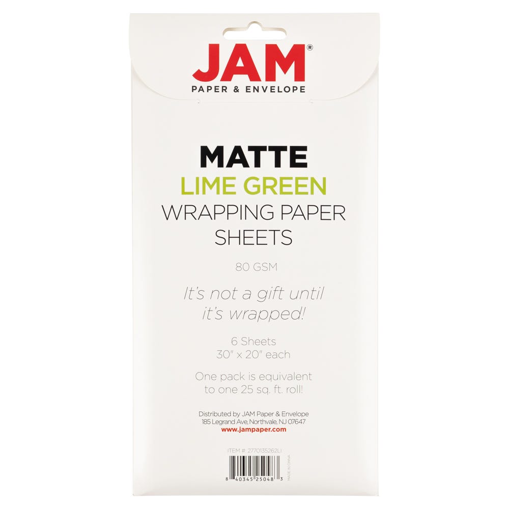 JAM Paper Matte Wrapping Paper Sheets, 30 x 20 per Sheet (25 sq ft Total), Matte Lime Green, 6 Sheets