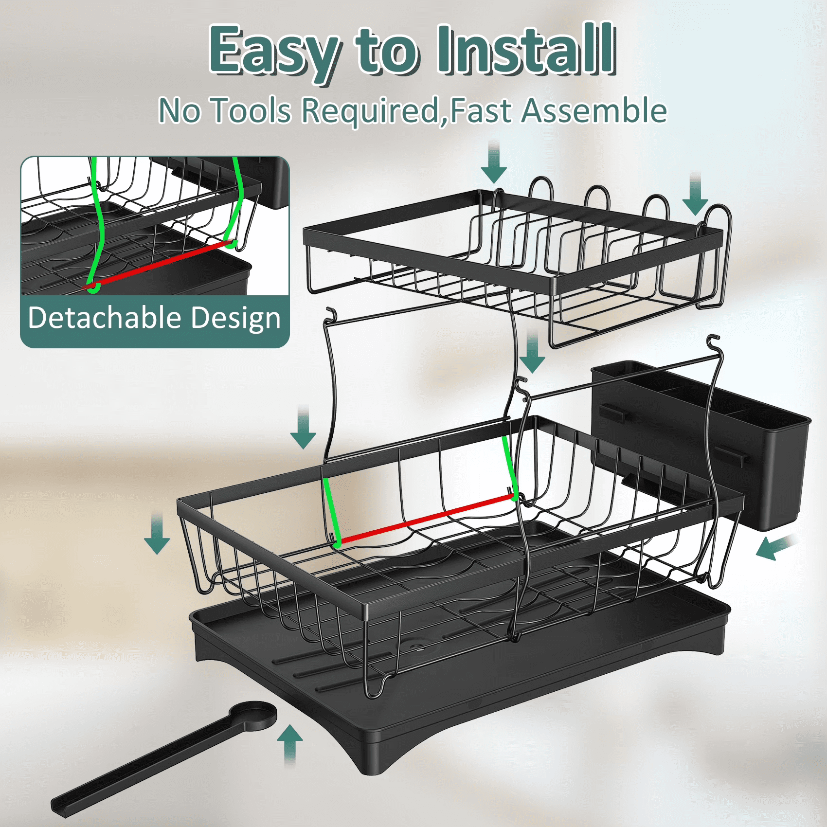 Glovv Over the Sink Dish Drying Rack, 2-Tier Collapsible Dish Racks for Kitchen Counter, Dish Drainer Kitchen Sink Organizer with Auto Drainage System, Black