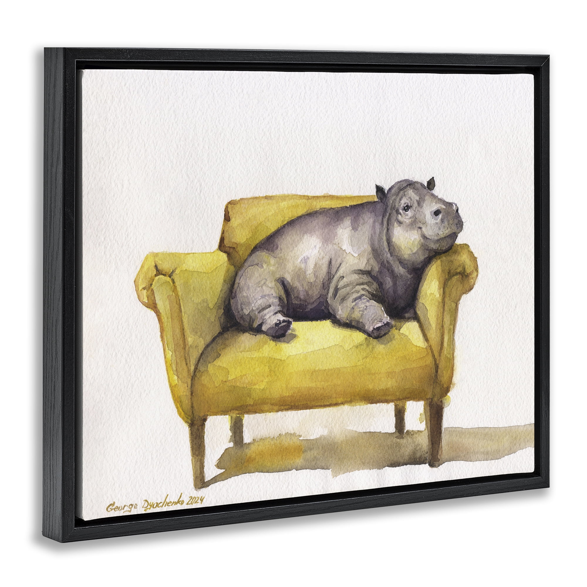 Stupell Industries Hippo on Yellow Chair Animals Painting Black Floater Framed Canvas Art Print Wall Art, 21 x 17