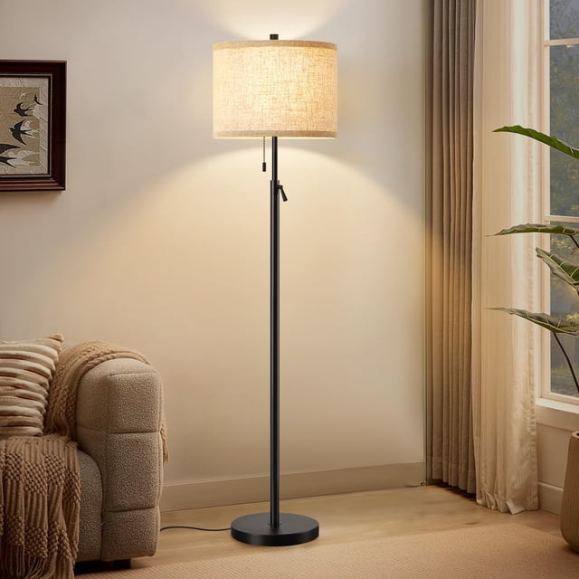 Lámpara de pie GyroVu ajustable, negra, con pantalla de tela, 140-163 cm