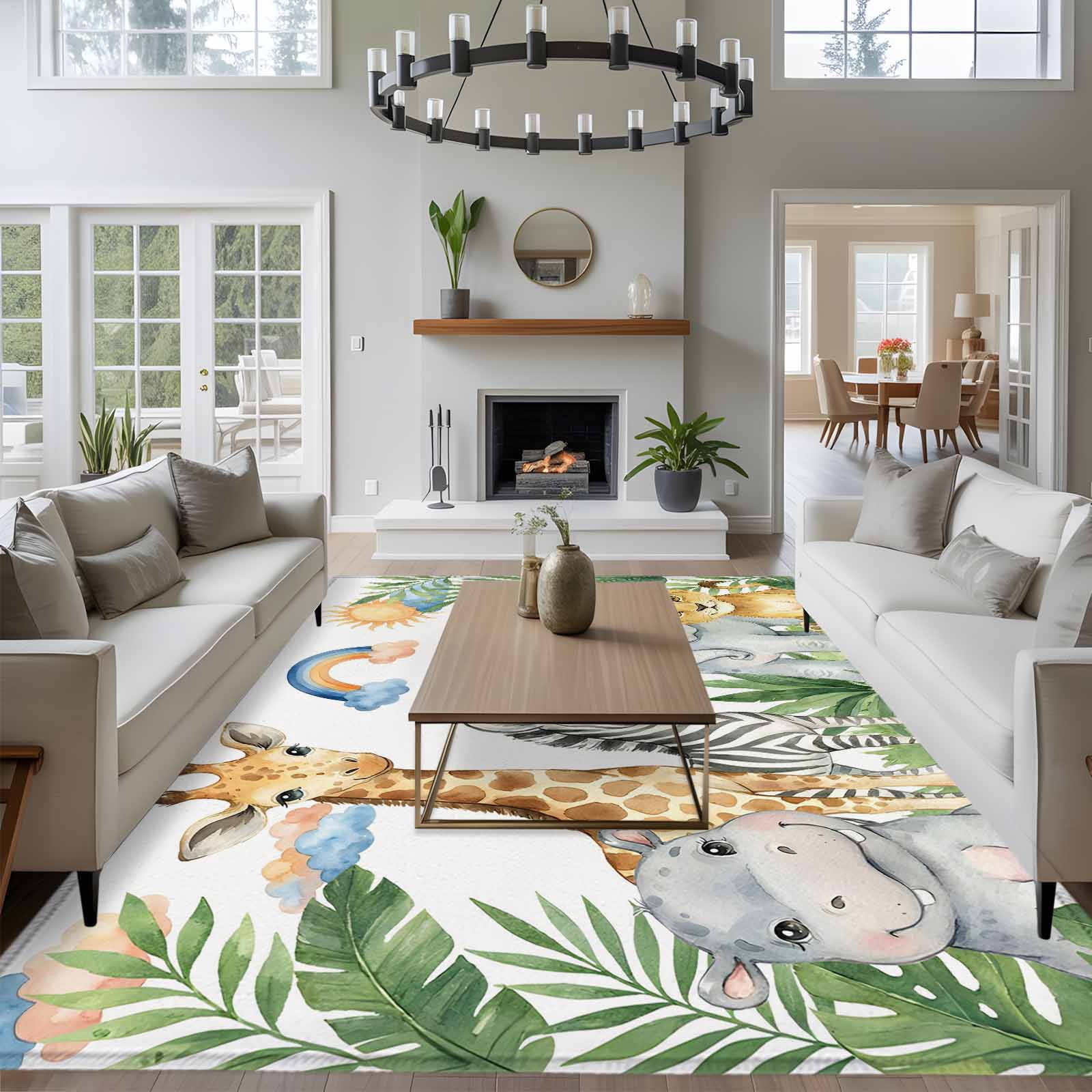 Cute Animals Area Rugs 6'x9', Washable Small Throw Rugs for Kitchen Dining room, Funny Summer Botanical Palm Leaves Indoor Outdoor Rug Non-Slip Low Pile Carpet Runner Reversible Floor Mats