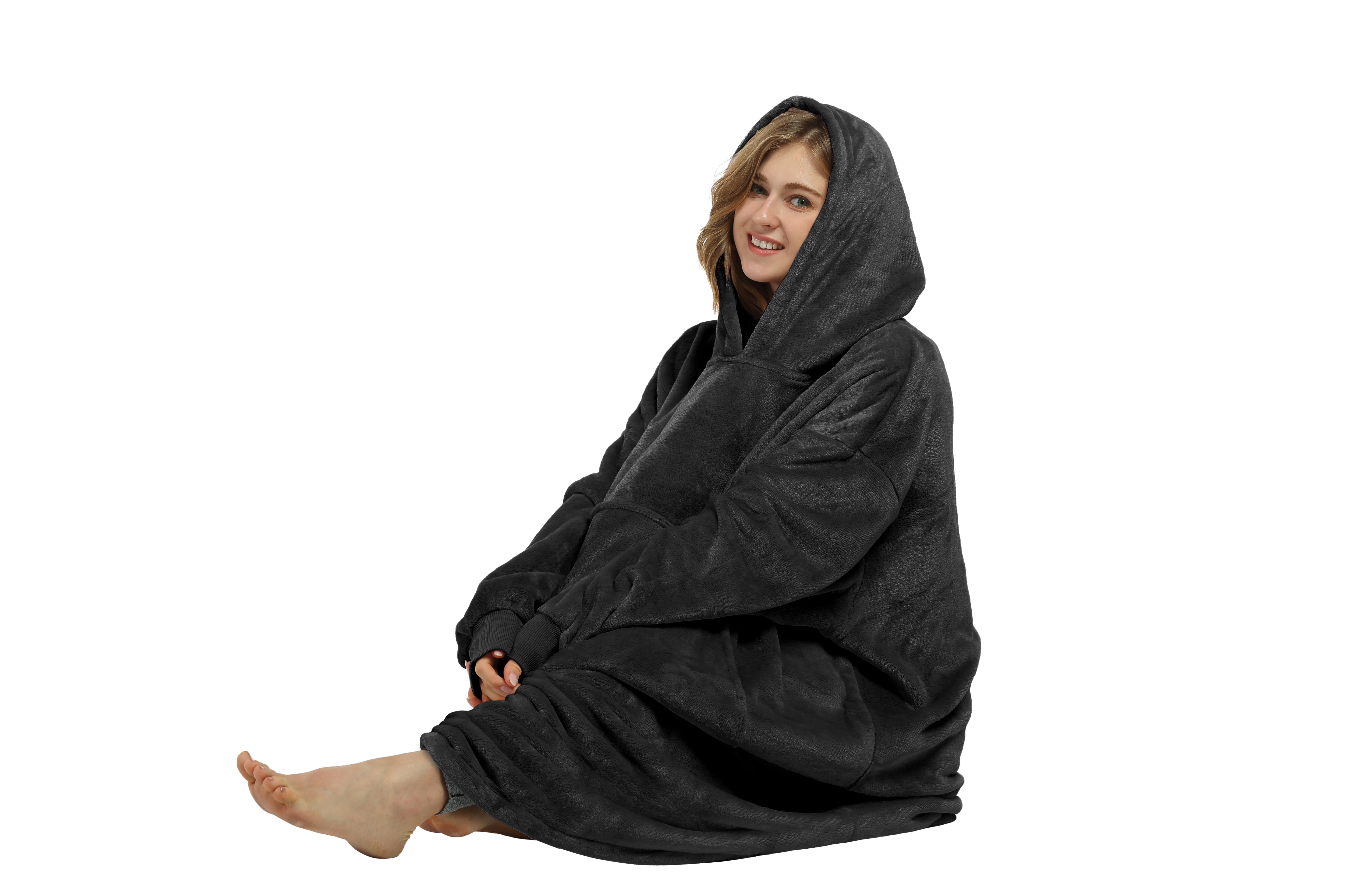 Catalonia Womens' Full Body Blanket Hoodie Sweatshirt, Extra Long Wearable Fleece Pullover, Gift for Adult Men Women Wife Girlfriend, Black