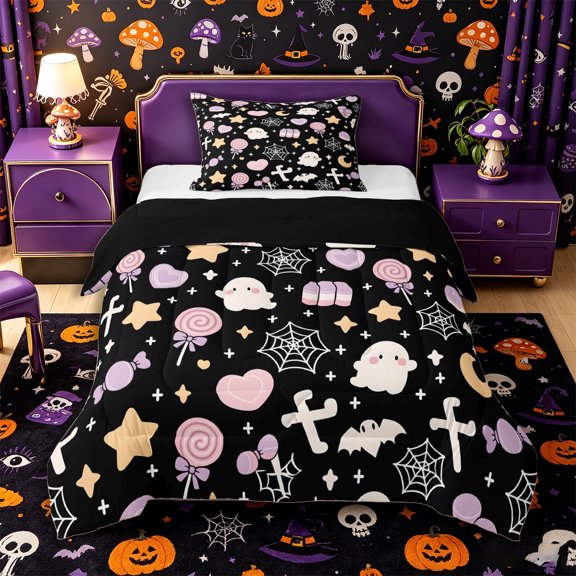 Manfei Kawaii Bat Ghost Twin Comforter Sets 2pcs, Halloween Love Heart Stars Print Bedding Set, Black Pink Yellow,Black Reversible,1 Comforter and 1 Pillowcase