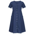 thumbnail image 4 of Casual Summer Dress for Womens Cotton Linen Button Down Midi Dress with Pockets V neck Short Sleeve Plus Size (L, Dark Blue), 4 of 5