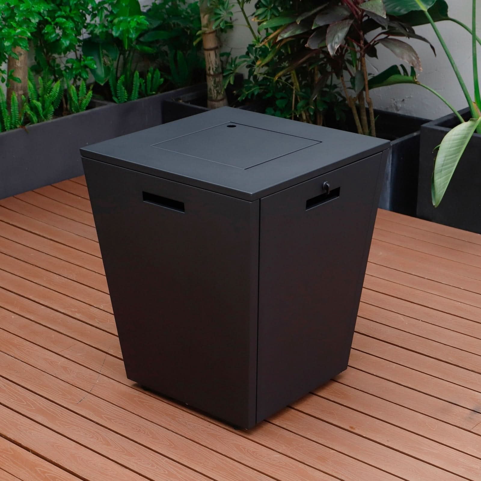 LeisureMod Chelsea 32" Propane Gas Fire Pit Table, Black Steel CSA-Certified Outdoor Firepit with Tempered Glass Wind Guard & Lid – Patio Heater for Backyard or Garden