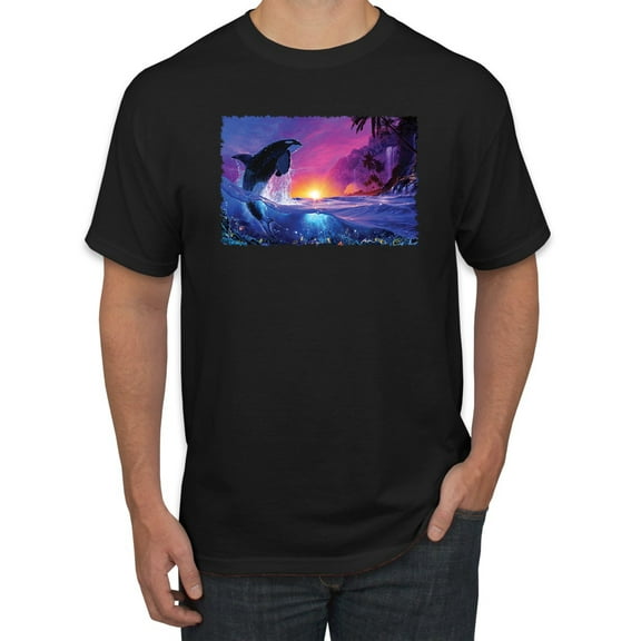 Wild Bobby, Jumping Whale During Beach Sunset, Animal Lover, Men Graphic Tees, Black, Small
