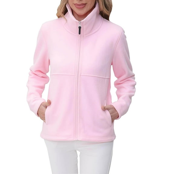 Fleece Jacket for Women Full Zip Stand Collar Lightweight Warm Long Sleeve Casual Outerwear Fall Winter Coat Pockets