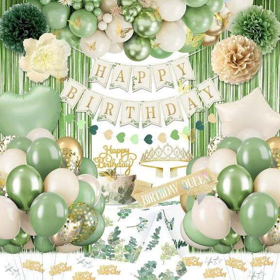 Sage Green Birthday Decorations for Women Girls, Beige Gold Green Balloons Birthday Sash Crown Tablecloth Happy Birthday Banner Butterfly Cake Topper