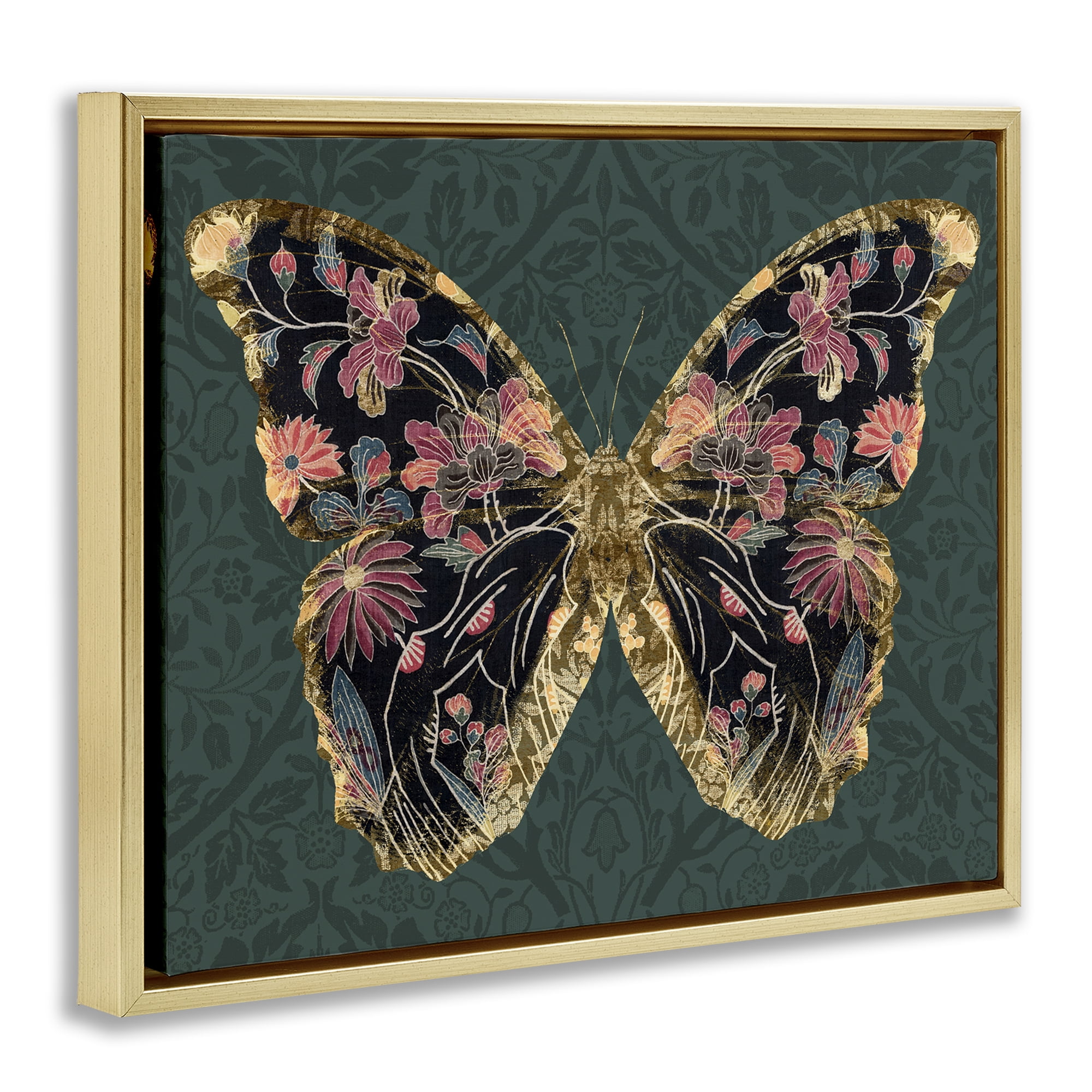 Stupell Industries Botanical Pattern Butterfly Animals & Insects Painting Gold Floater Framed Canvas Art Print Wall Art, 21 x 17