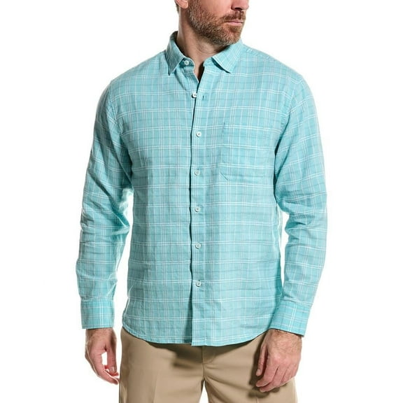 Tommy Bahama Mens Barbados Breeze Playa Plaid Linen-Blend Shirt, L, Blue