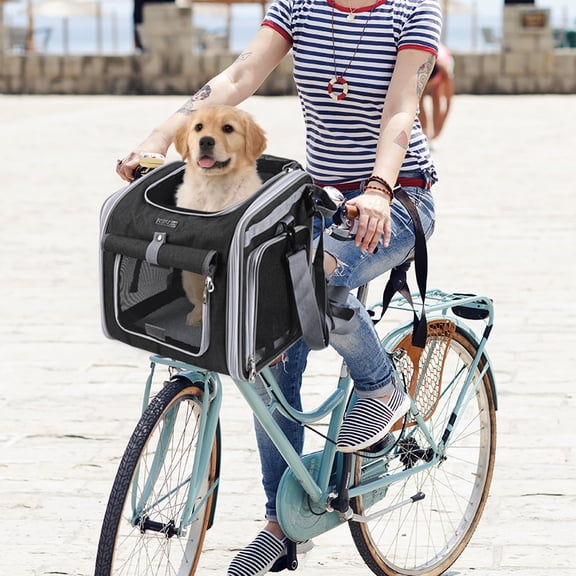 Soft Sided Ventilated Dog Bike Basket for Dogs, Cats, Puppies with 4 Open Doors and 4 Mesh Windows