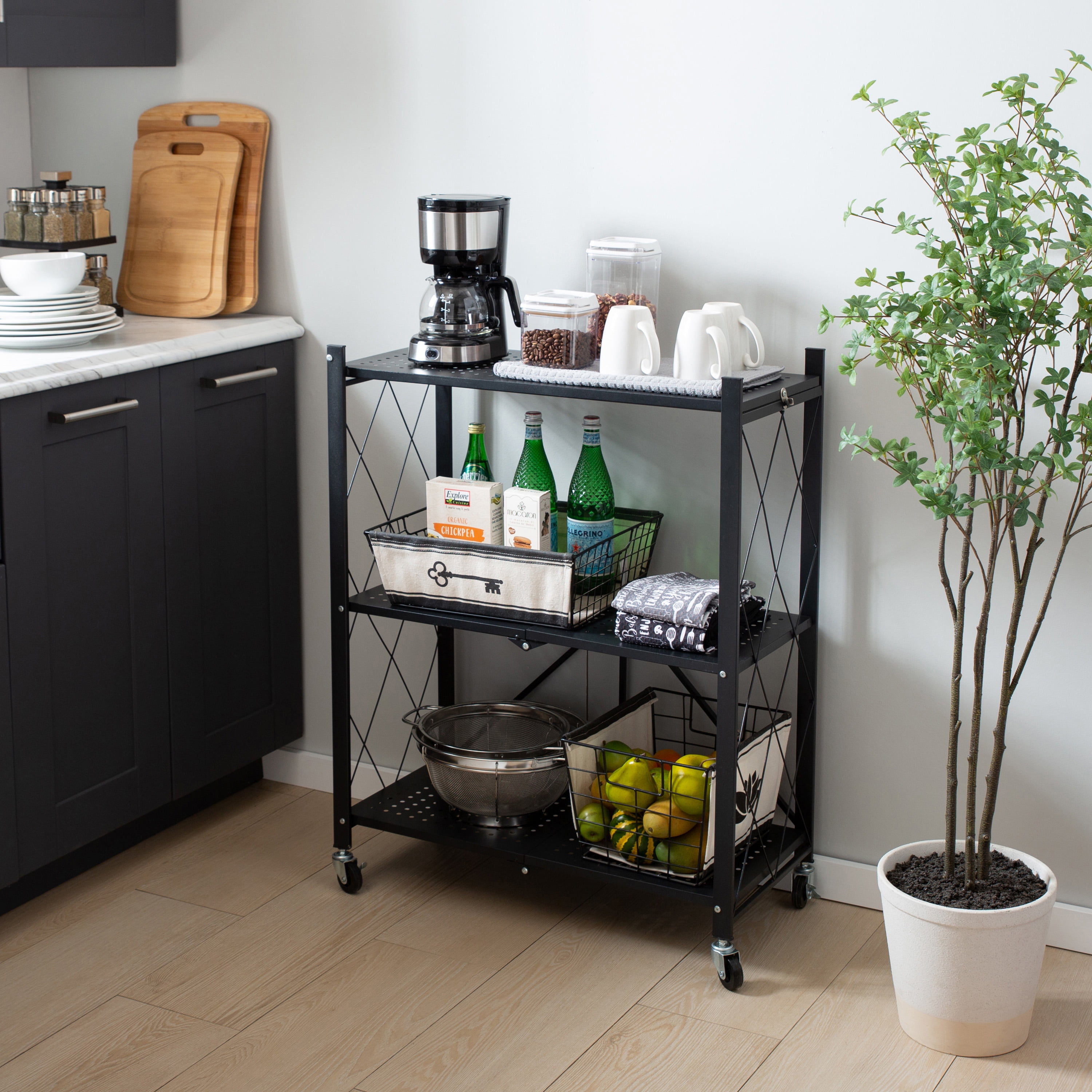 Organize It All 3 Shelf Foldable Metal Storage Shelves, Wheels, Adult, Kitchen, Laundry Room, Black