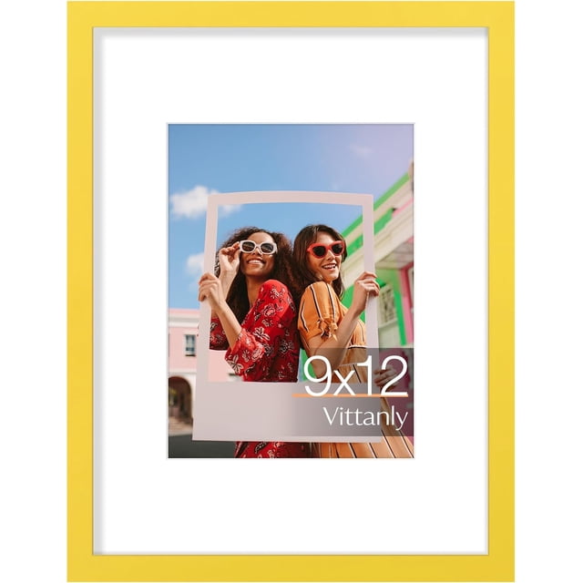 Vittanly 9x12 Picture Frame, Display Pictures 6x8 with Mat or 9x12 without Mat, Premium Material with Shatter Resistant Plexiglass, Photo Frame for Wall or Table Top Display, Yellow, 1 Pack