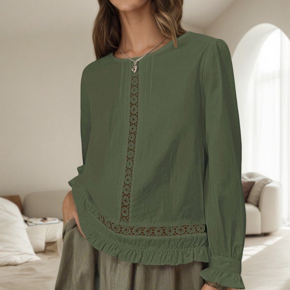 Casual Loose Fit Long Sleeve T Shirt Pure Color Breathable Blend Top For Everyday WearGreenXL