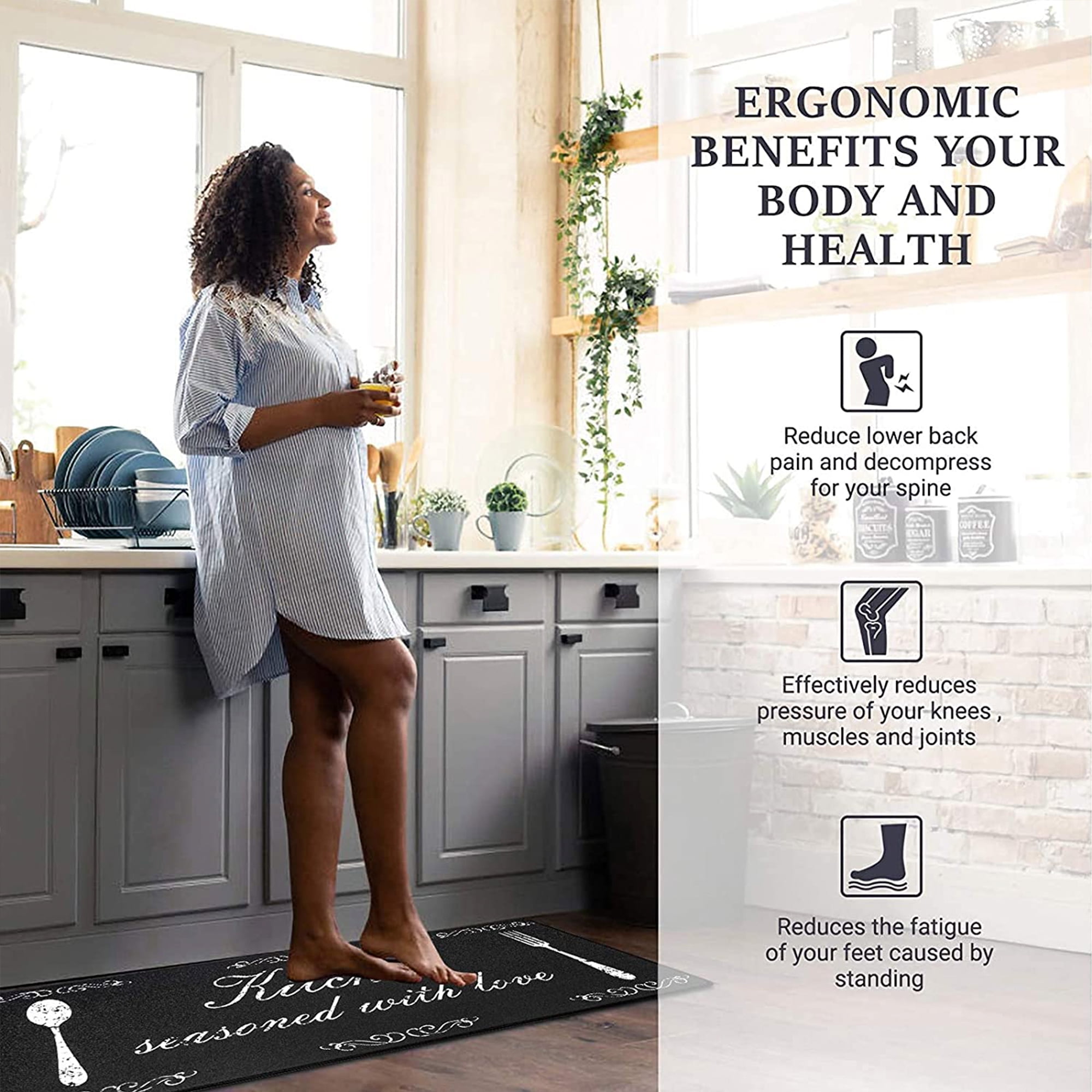Findosom 2pcs Anti-Fatigue Kitchen Rugs Set Non Slip Waterproof Kitchen Runner Rug and Mat 0.4" Thickness Comfort Standing Mat for Kitchen, Floor, Office, Sink, Laundry 18"x47"+18"x30" Black