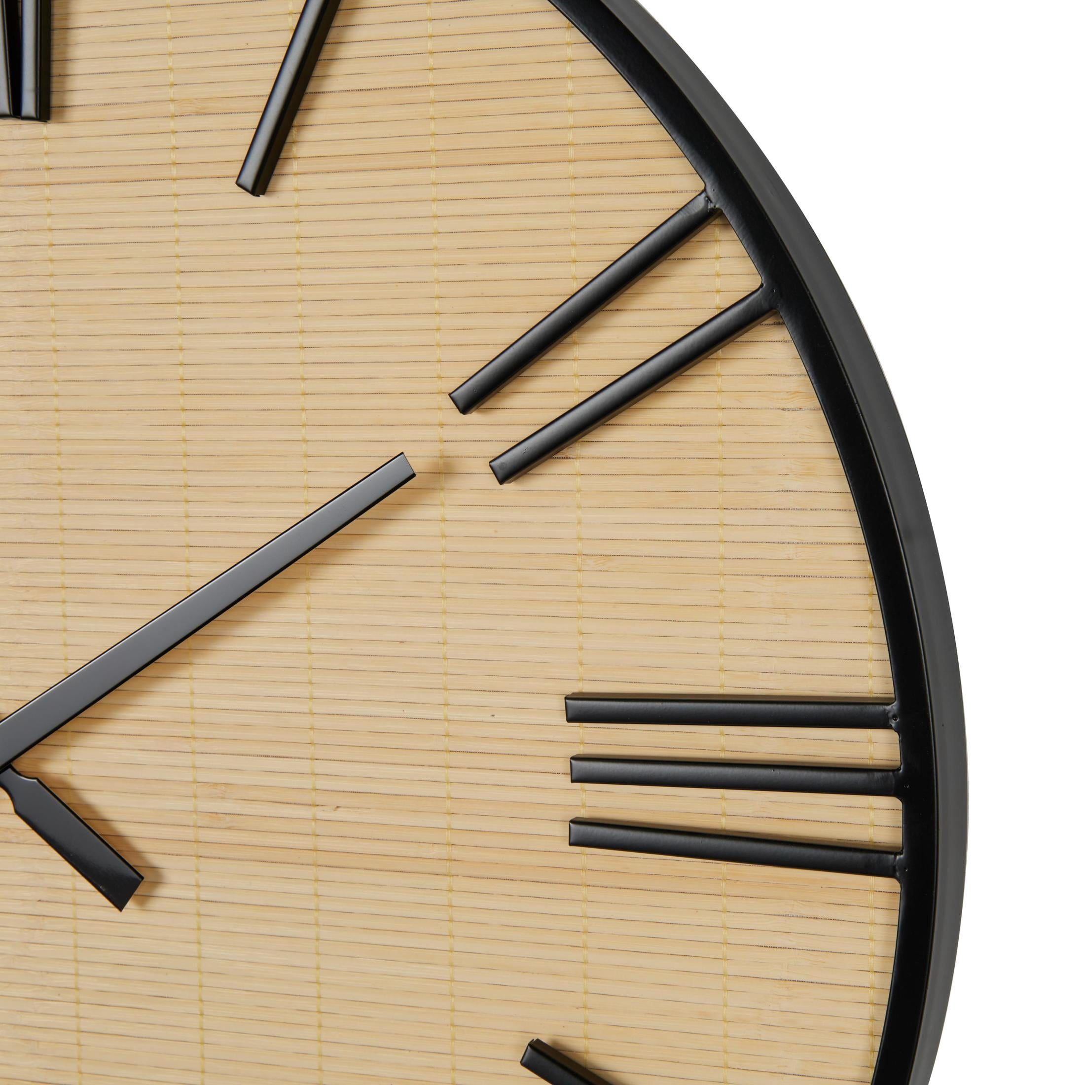 DecMode 28" Light Brown Wooden Wall Clock with Black Metal Numbers and Frame