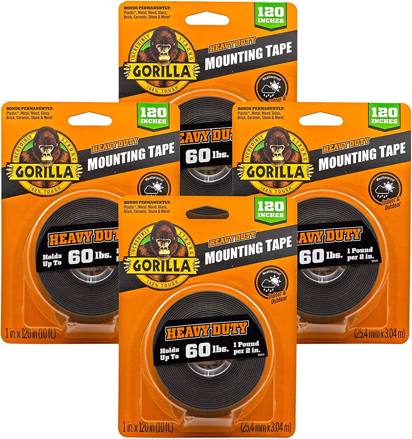 Gorilla XL Mounting Tape, 4Pack, Black, 4 Pack