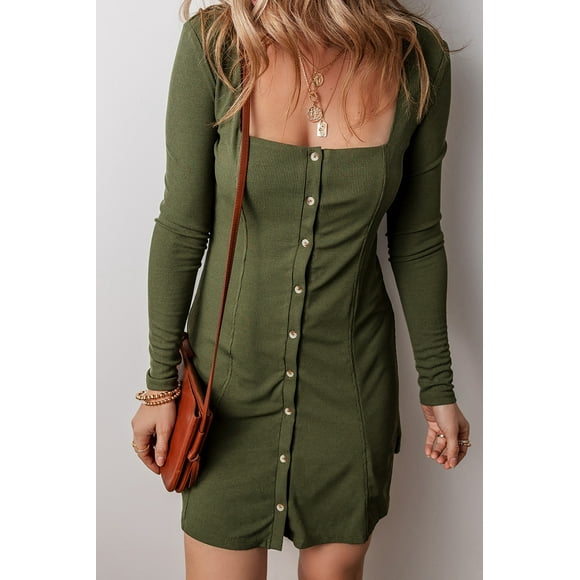 a.Jesdani Vibrant Guac Green Ribbed Square Neck Top, Long Sleeve