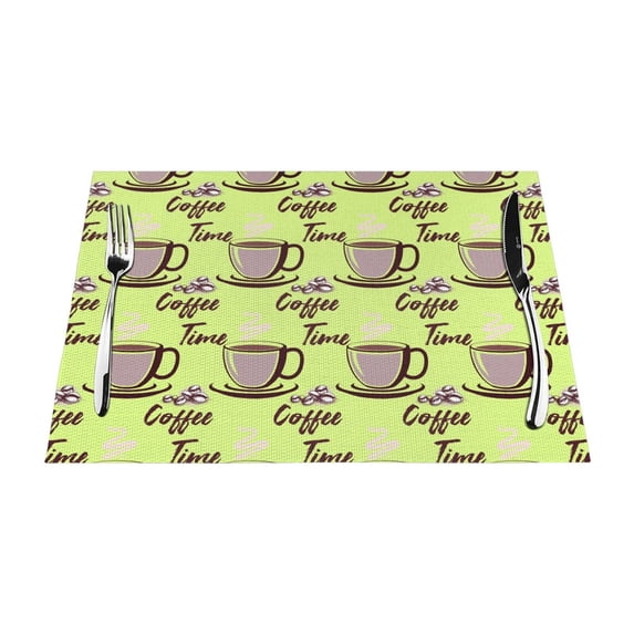 XMXT 6 Pcs Woven Placemats, Cartoon Coffee Green Graffiti Stain Resistant Anti-Skid Placemat for Kitchen Table, 12 x 18 inches