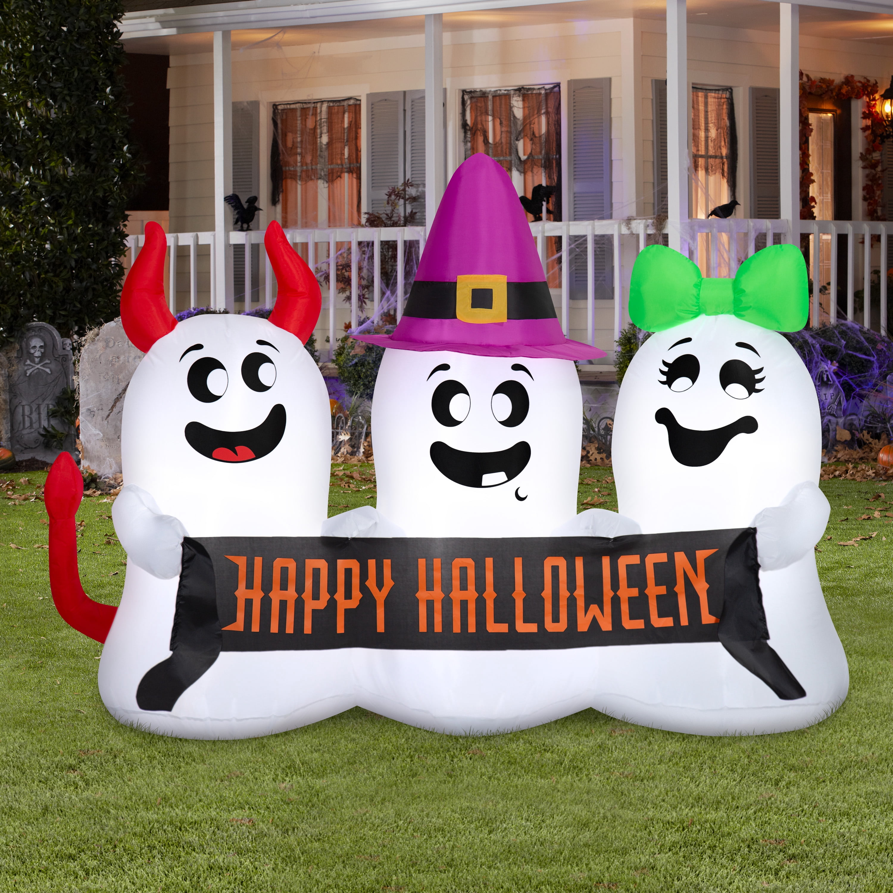 Ghost Trio with Banner Yard Inflatable + Hyper Tough 25FT Tri-Outlet Outdoor Extension Cord