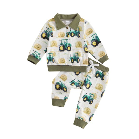 Toddler Baby Boys Pants Clothing Set 0 6 12 18 24 Months 2T 3T Tractor Print Long Sleeve Lapel Neck Sweatshirt Long Pants Outfits