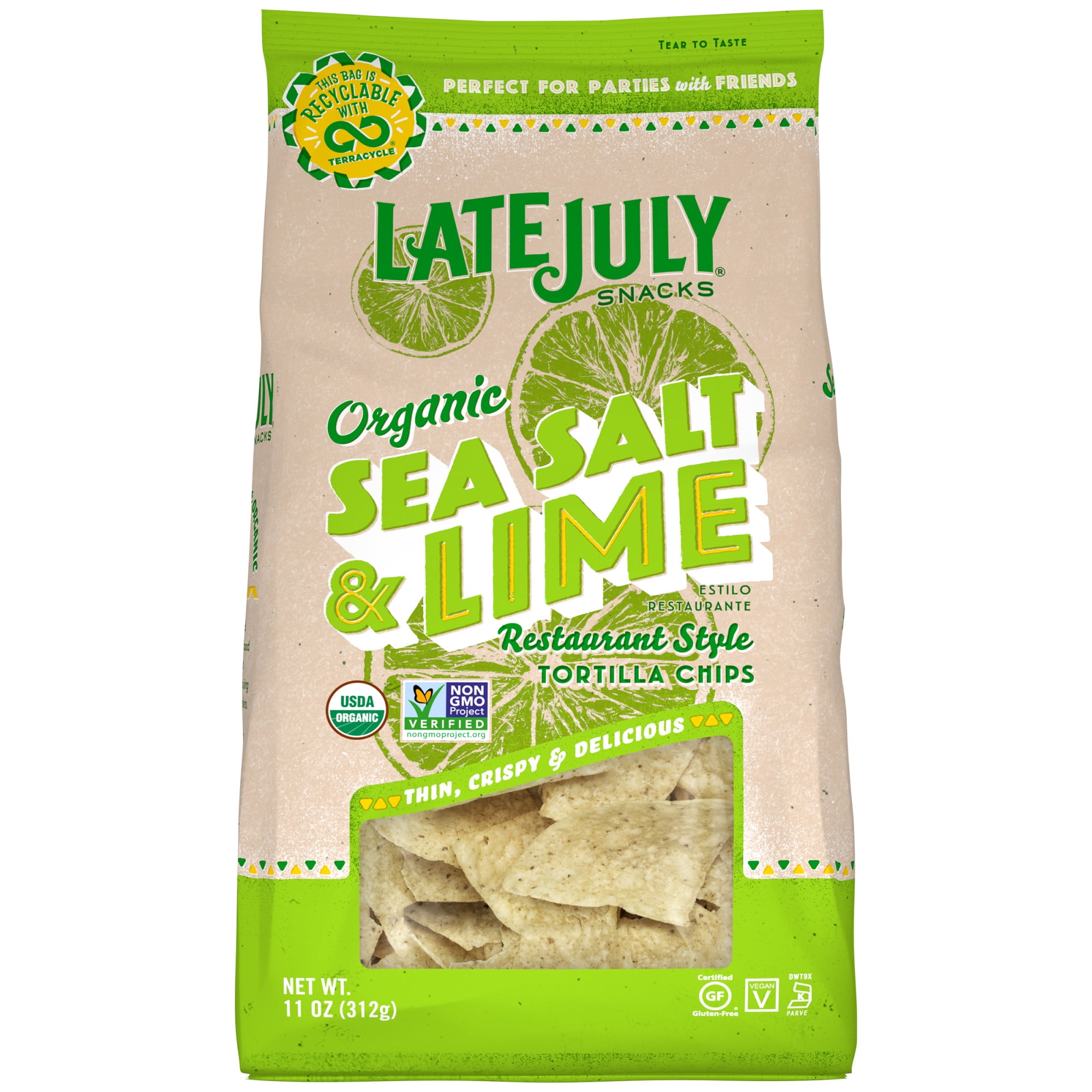 LATE JULY Snacks Restaurant Style Sea Salt & Lime Tortilla Chips, 11 oz. Bag