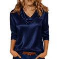 thumbnail image 2 of Dressy Tops for Women 3/4 Length Sleeve Silk Satin Blouses Business Work T Shirts Loose Fit Cowl Neck Spring Summer Outfits 2026 #03Navy S, 2 of 6