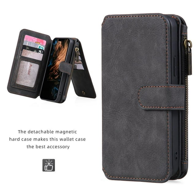 Black PU Leather 13 Wallet Case 2 in 1 Wallet Protective Flip Cover with Detachable Magnetic Wallet 13 Pro