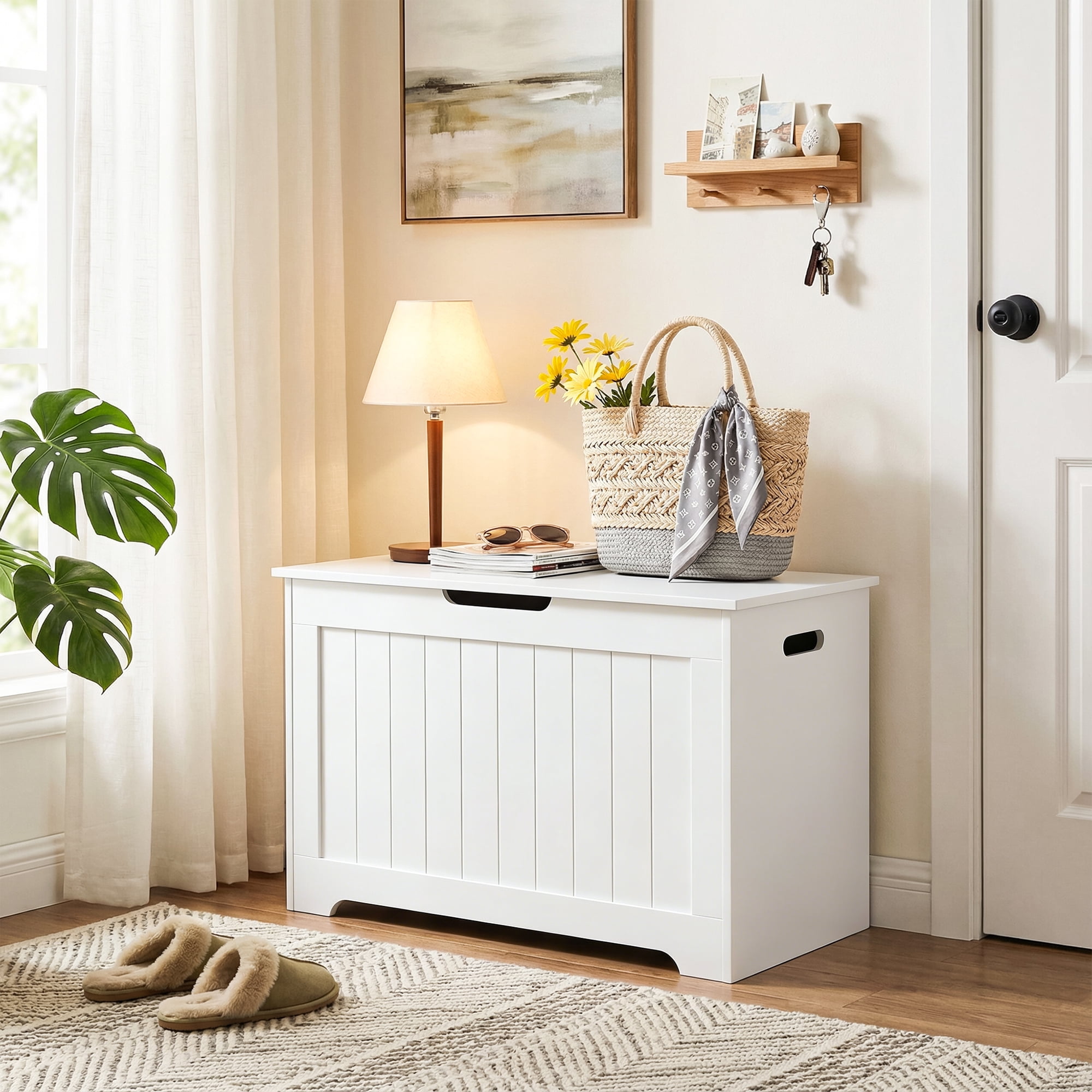 SuperDeal 30-Inch Lift Top Storage Chest Wooden Home Organizer Bench with Safety Hinged Lid Large MDF Toy Box Entryway Bedroom Living Room, White
