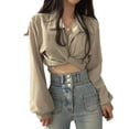 thumbnail image 3 of Camisa con nudo torcido, Top con lazo en la espalda, manga larga, blusa corta con parte delantera torcida para mujer, primavera, 3 of 8
