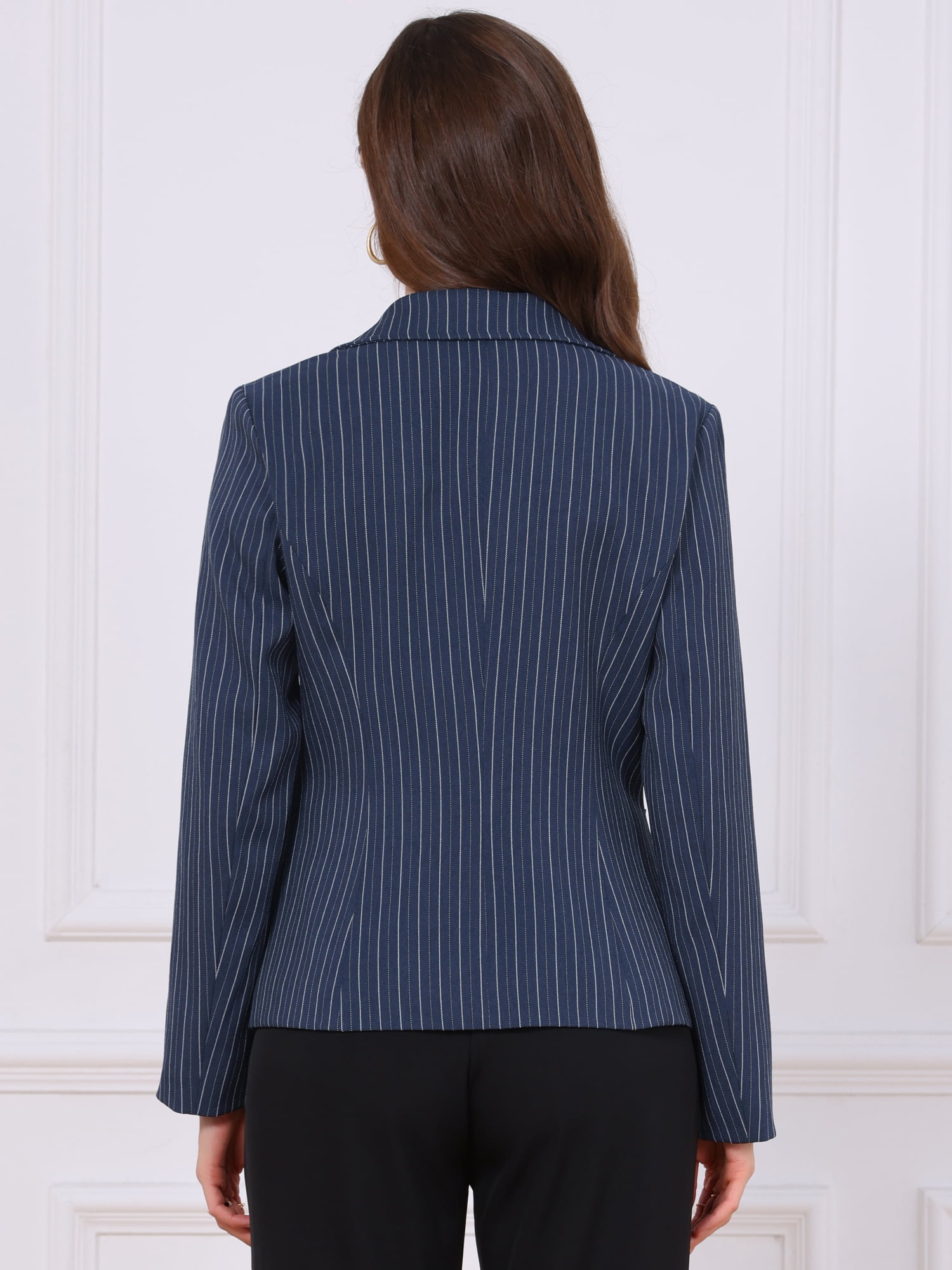 DARING DIVA Women's Pinstripe Blazers Notched Lapel Long Sleeve Jacket L Navy Blue Stripes
