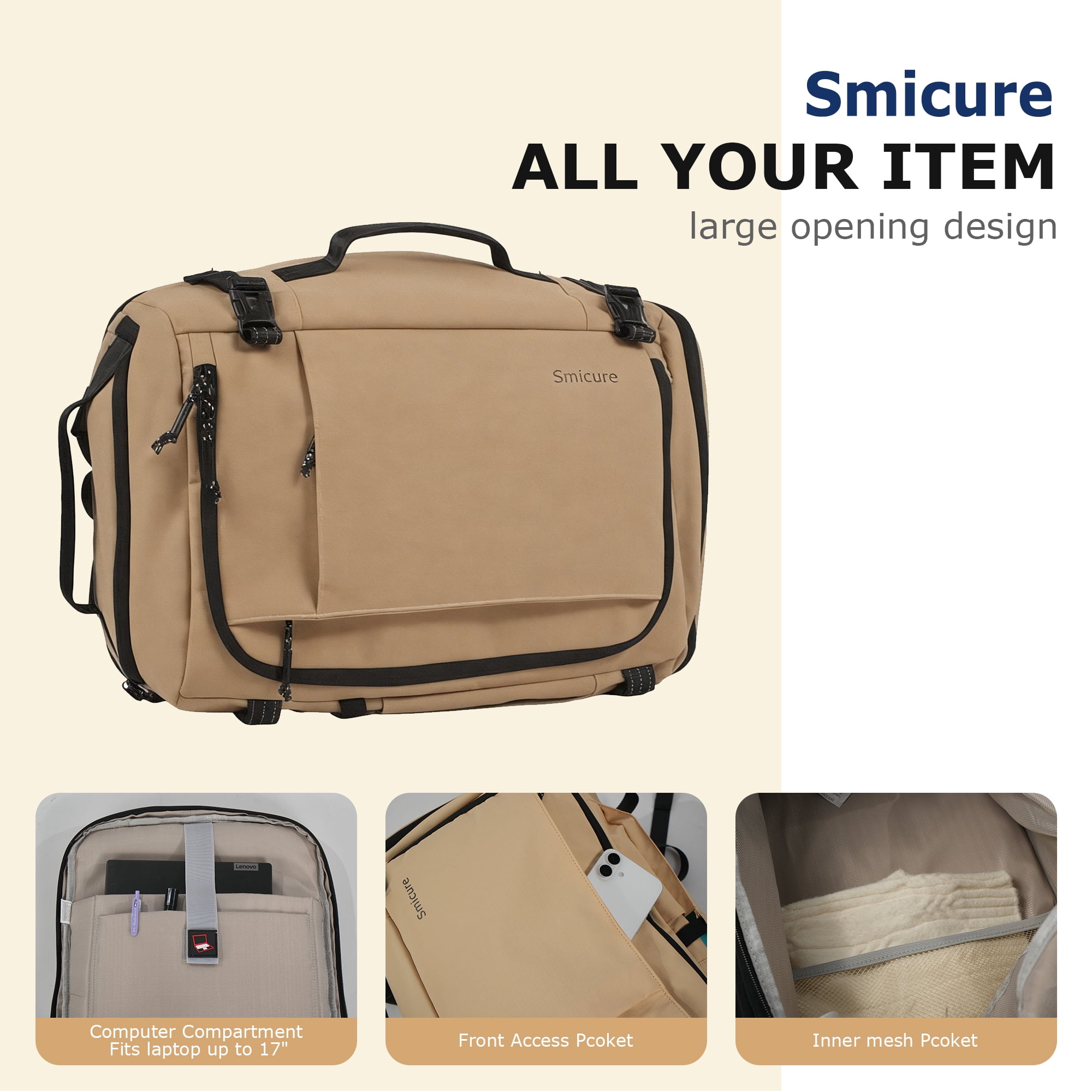 Smicure Travel carry on Backpack Laptop Business 17.5 Inch Business Anti Theft Slim Sturdy College School Computer Bag.Beige