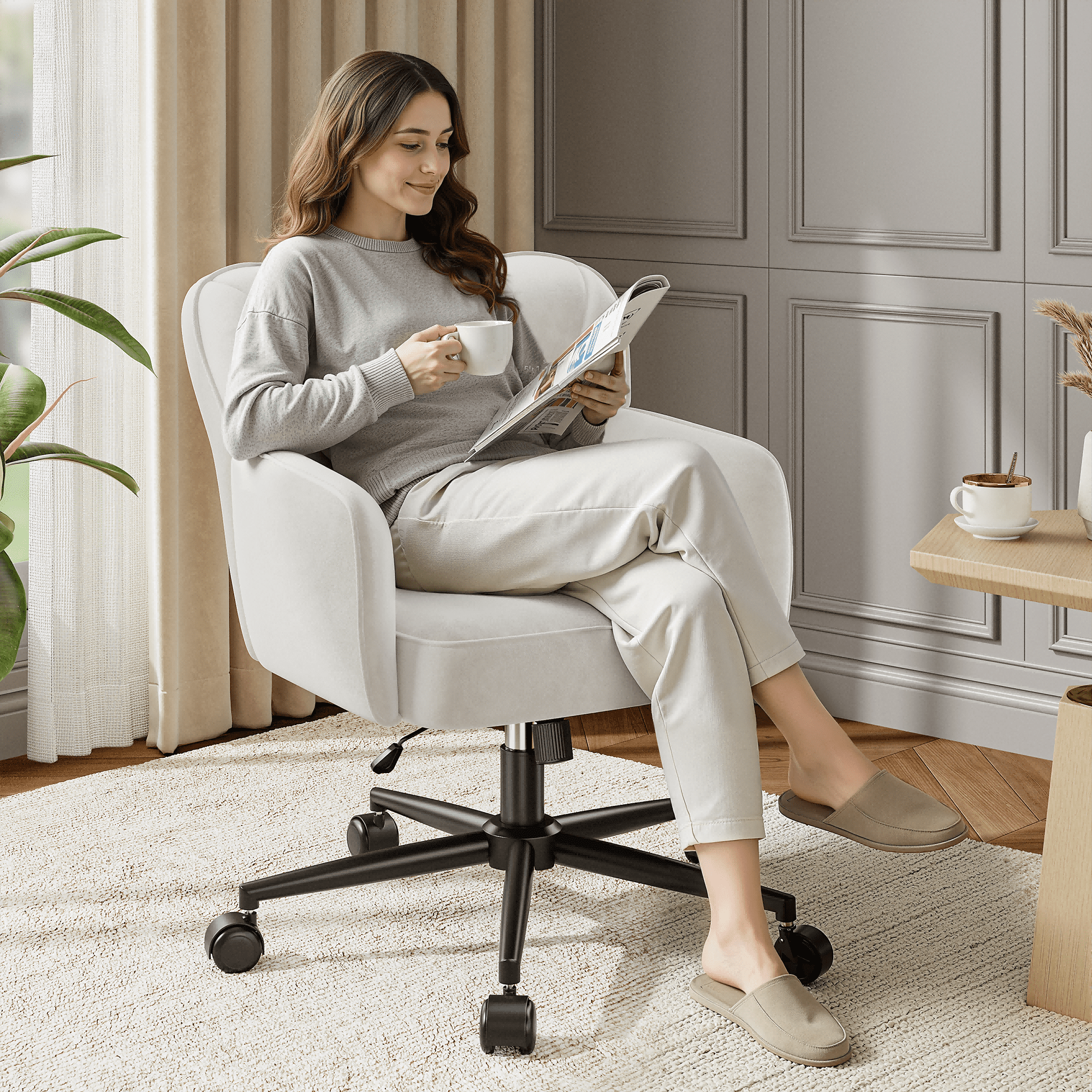 Romorgniz Vanity Chair with Wheels & Back Desk Chair Adjustable Height for Makeup, Work & Relaxation, White