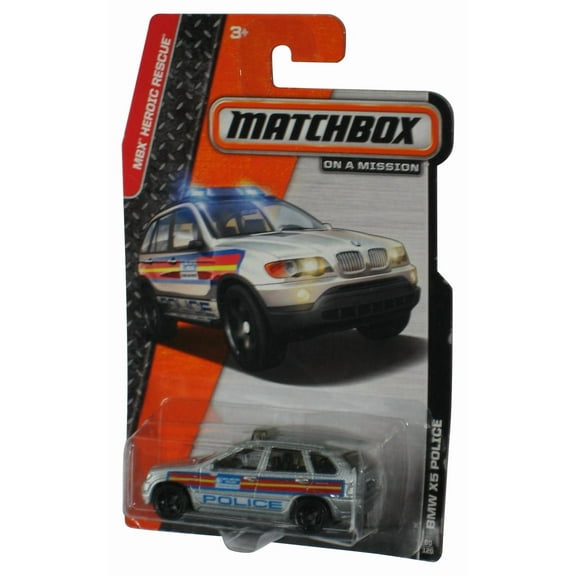 Matchbox MBX Heroic Rescue (2013) Silver BMW X5 Police Car Toy 90/120 - (Dented Plastic)