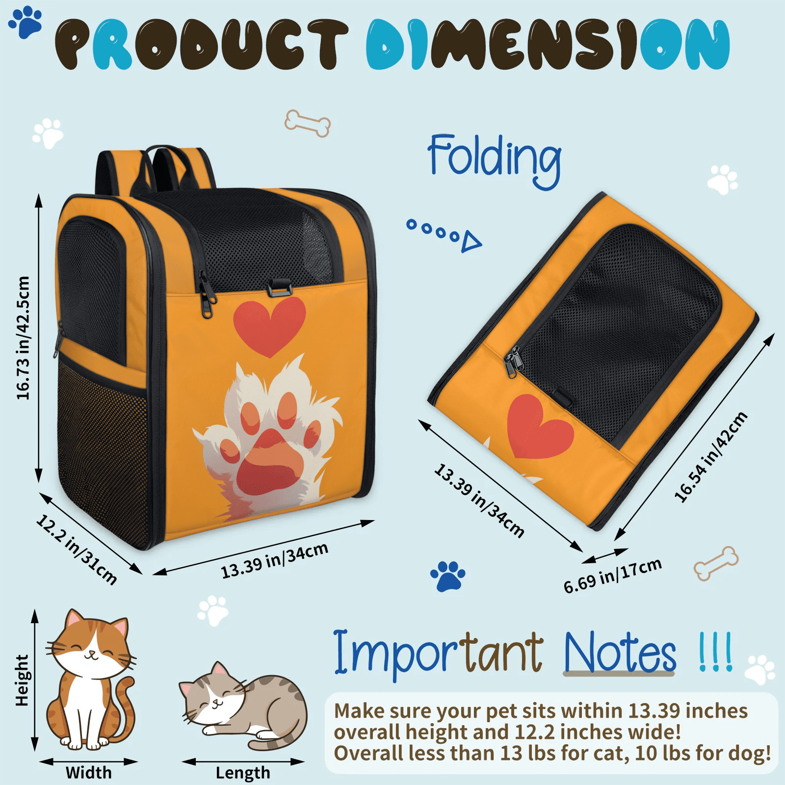 Cat Carrier Backpack with Breathable Mesh,Pet Backpack Carrier for Dog, Cats, Small Animals Less than 13 lbs,Portable Pet Travel Backpack for Traveling/Hiking/Camping/Outdoor