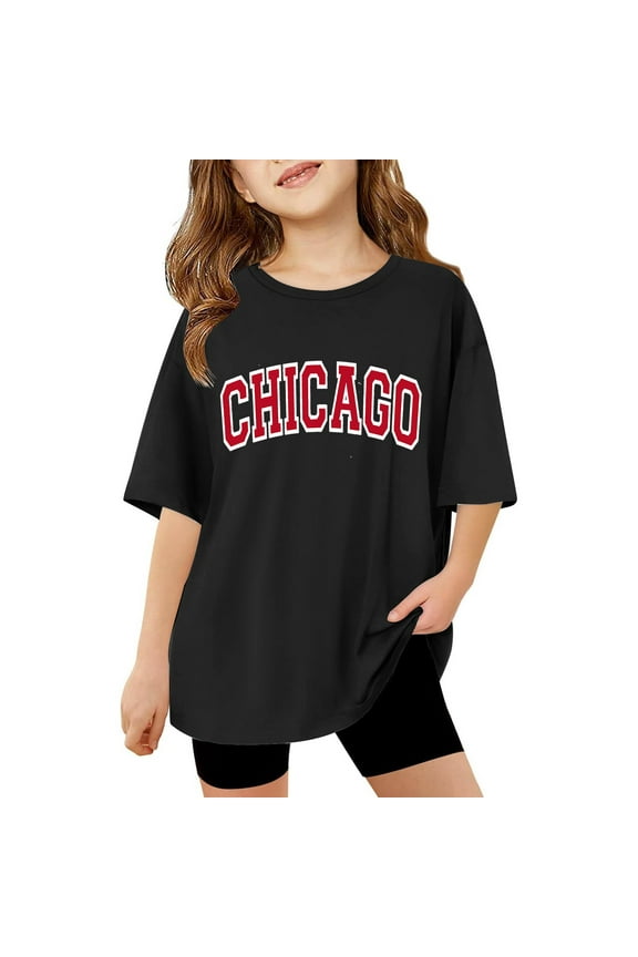Big Girls Loose T-Shirt Chicago Letter Print Short Sleeve T Shirt, Sizes 7-8