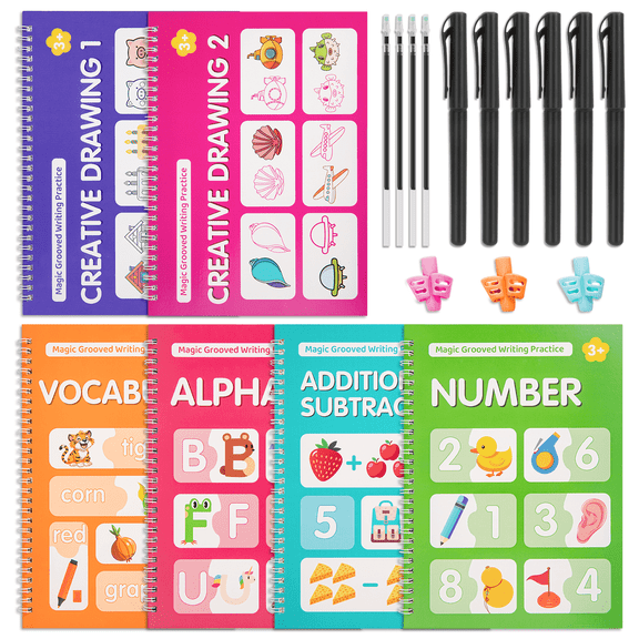 Magic Grooved Writing Practice Books, Tracing Books, Number Letter Grooved Handwriting Copybook, Reusable, 6-Books