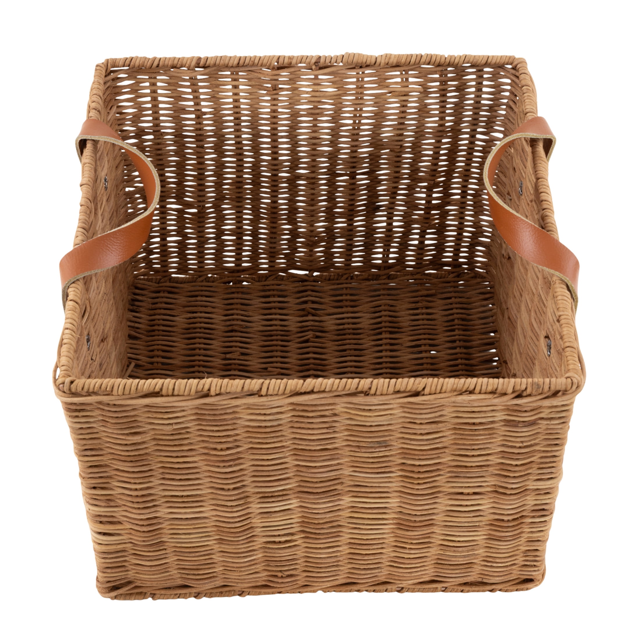 DecMode 12" x 9" Brown Rattan Handmade Woven Storage Basket with Leather Handles, 1-Piece