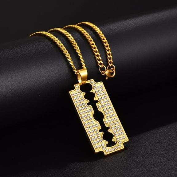 Hip Hop Bling Ice Out Razor Blade Pendants Necklaces 14K Yellow Gold Chain Barber Shop Necklace for Men Jewelry