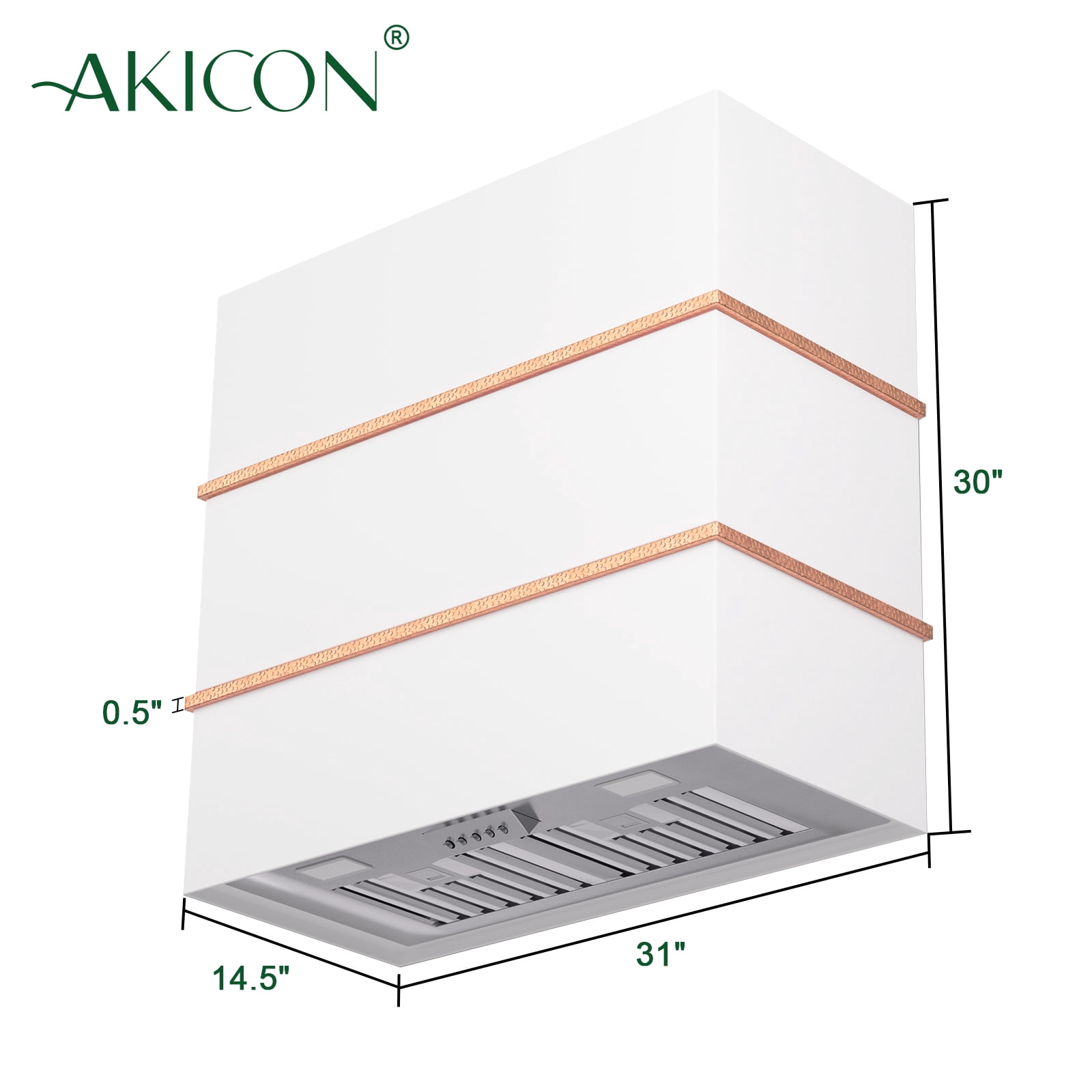 Akicon 30 inch Kitchen Range Hood with 600 CFM, Stainless Steel Wall Mounted Ducted Range Hood, 3 Speed Fan with LED Light, Powerful Vent Motor, Signal White with Copper